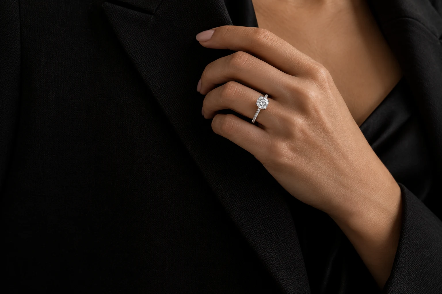 A hand wearing a round diamond solitaire with a pavé band, resting on a black tailored blazer